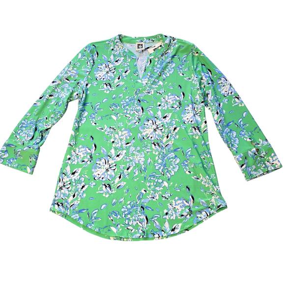 Anne Klein Shirt Womens Small Green Blue Floral Bohemian Stretch Career Work Top - Picture 1 of 11